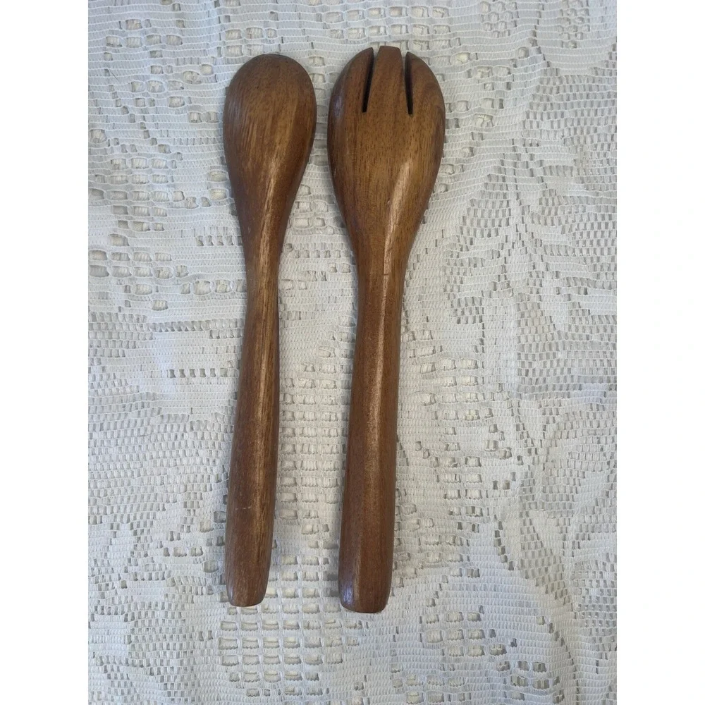 Vintage Wooden Salad Servers Spoon & Fork Set Solid Wood Utensils